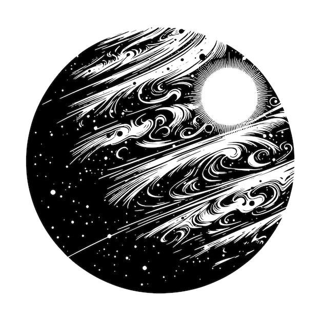 un dibujo en blanco y negro de un planeta con las estrellas dibujadas en él