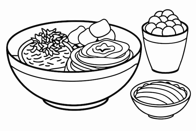 un dibujo en blanco y negro de un plato de comida con un corazón en él