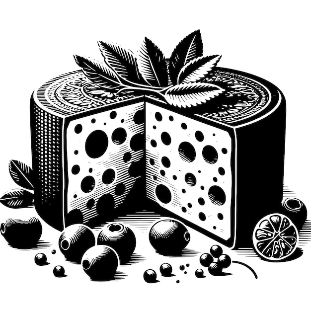 Vector un dibujo en blanco y negro de un queso con frutas y bayas