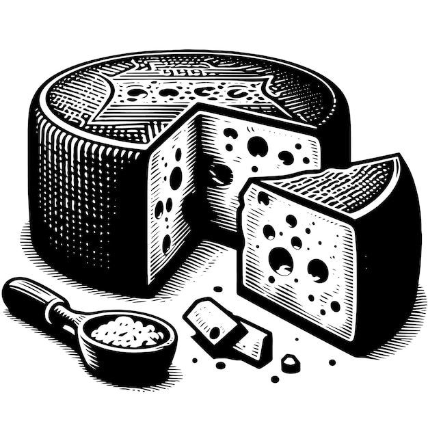 Vector un dibujo en blanco y negro de queso y una sartén de queso