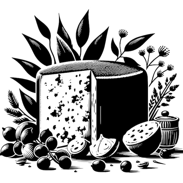 Vector un dibujo en blanco y negro de un recipiente con frutas y bayas