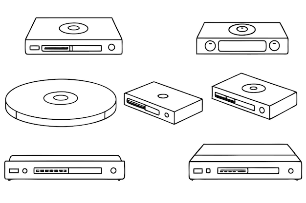 un dibujo en blanco y negro de un reproductor de DVD y una caja con la palabra " manzana " en ella