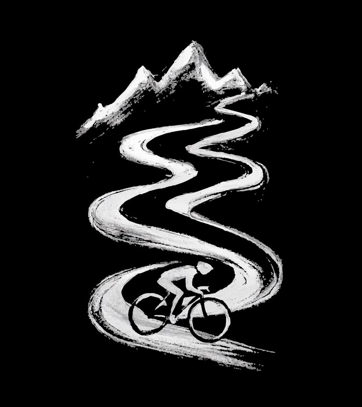un dibujo en blanco y negro de un río con montañas y una bicicleta en él
