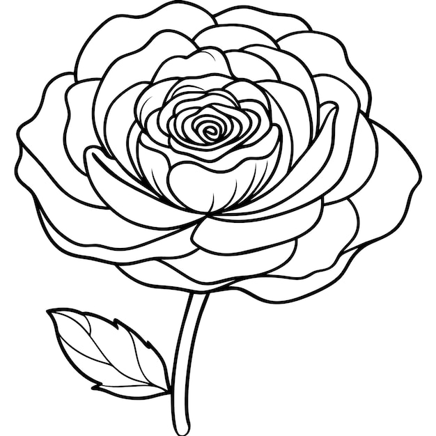 un dibujo en blanco y negro de una rosa con una hoja en ella