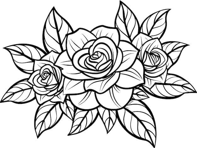 un dibujo en blanco y negro de rosas con hojas y hojas