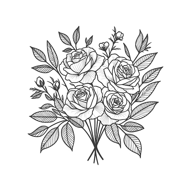 un dibujo en blanco y negro de rosas con hojas y ramas