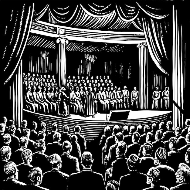 un dibujo en blanco y negro de una sala de conciertos con una multitud en el fondo