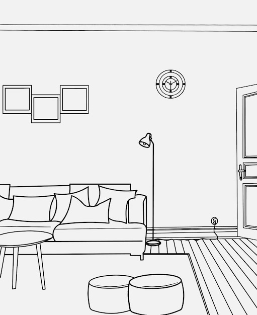 un dibujo en blanco y negro de una sala de estar con una mesa de café y una lámpara