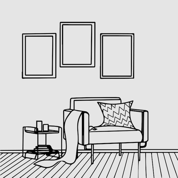un dibujo en blanco y negro de una sala de estar con un sofá y imágenes en la pared