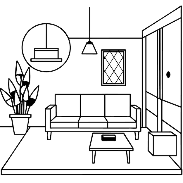 un dibujo en blanco y negro de una sala de estar con un sofá y una ventana