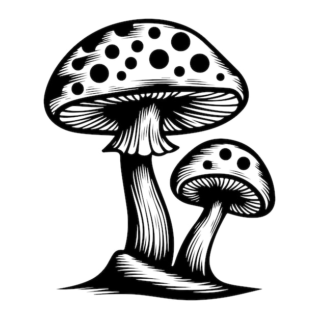 Un dibujo en blanco y negro de setas con un fondo negro
