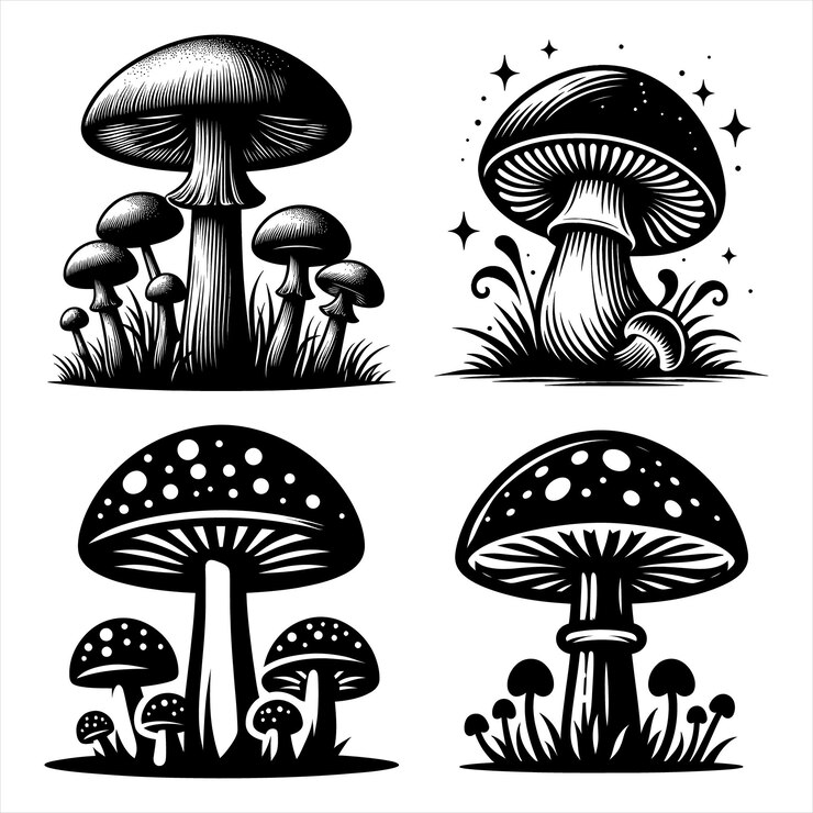 un dibujo en blanco y negro de setas con un fondo negro