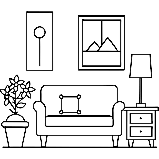 un dibujo en blanco y negro de un sofá y una imagen con una imagen de una montaña en él