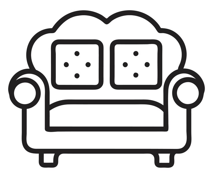 dibujo en blanco y negro de un sofá con una imagen de un sofán y una silla con una cara en él