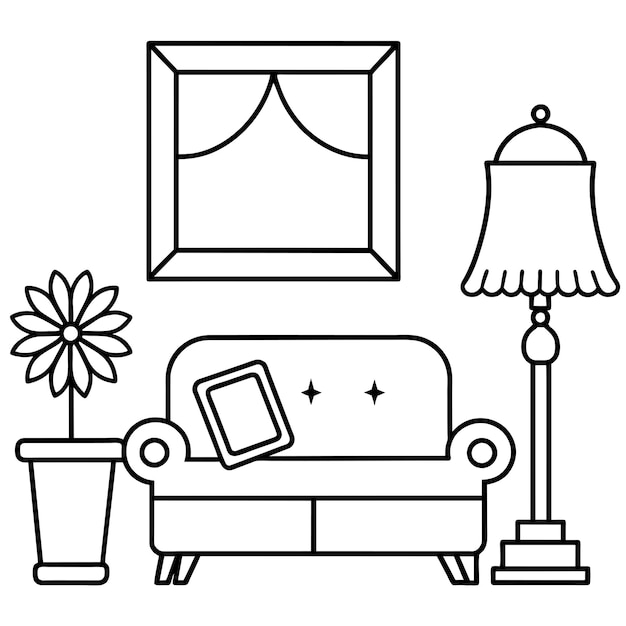 Un dibujo en blanco y negro de un sofá y una lámpara con una flor en ella