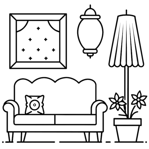 un dibujo en blanco y negro de un sofá y una lámpara