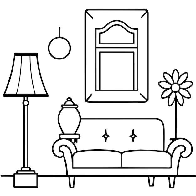 un dibujo en blanco y negro de un sofá y una lámpara