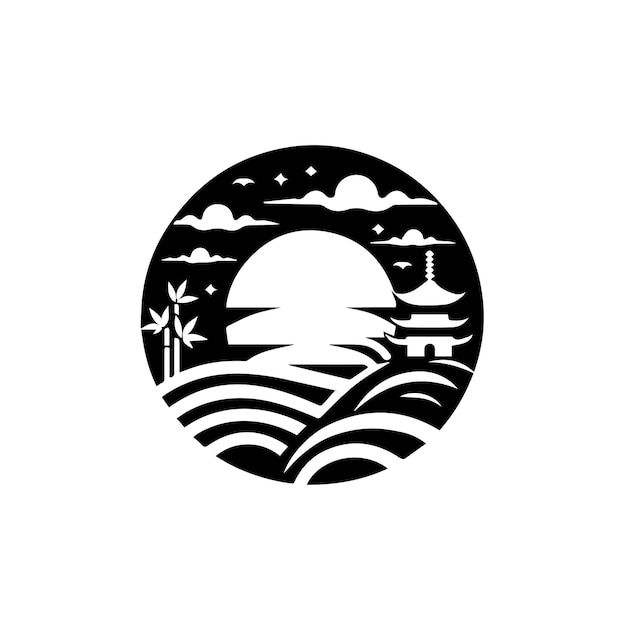 un dibujo en blanco y negro de un sol y el océano