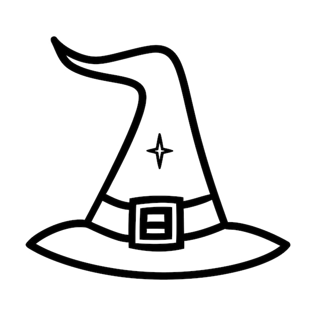 un dibujo en blanco y negro de un sombrero de bruja con una estrella en él