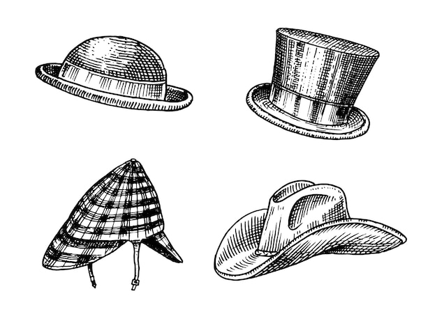 Un dibujo en blanco y negro de un sombrero y un sombrero.