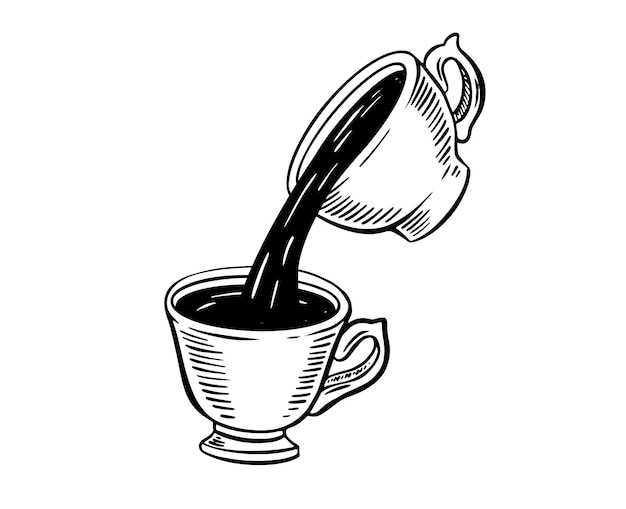 Un dibujo en blanco y negro de una taza de café que se vierte en una taza.