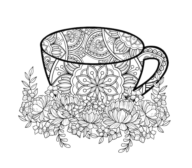 un dibujo en blanco y negro de una taza con flores y hojas