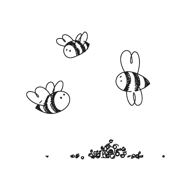 Vector dibujo en blanco y negro de tres abejas volando en el aire