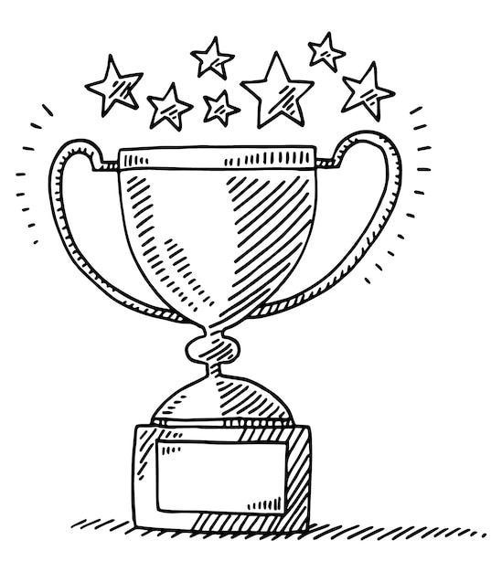 un dibujo en blanco y negro de un trofeo con estrellas y una línea de estrellas