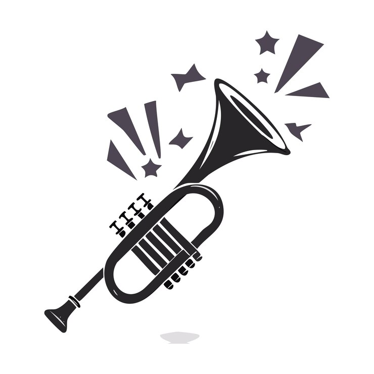Vector un dibujo en blanco y negro de una trompeta con las palabras la trompeta en él