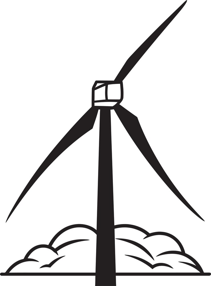 Vector un dibujo en blanco y negro de una turbina eólica con un reloj en él