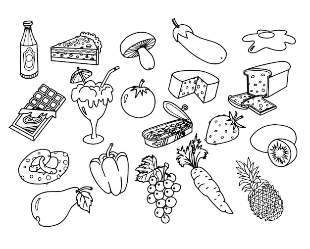 un dibujo en blanco y negro de una variedad de alimentos, incluidos hongos de queso y una botella de vino