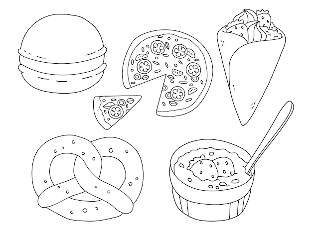 Un dibujo en blanco y negro de varios alimentos, incluyendo una hamburguesa, pizza, queso y pizza.
