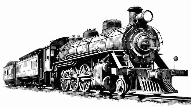 Dibujo en blanco y negro de una vieja locomotora de vapor