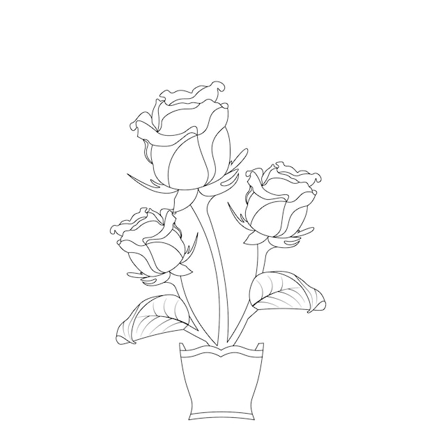 Dibujo de boceto de arte de línea de página para colorear de flores rosas rojas con ilustración de arte vectorial decorativo