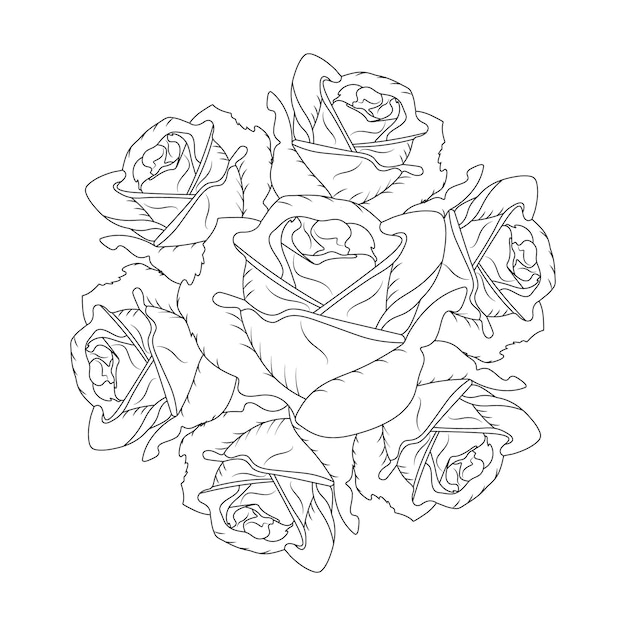 Dibujo de boceto de arte de línea de página para colorear de flores rosas rojas con ilustración de arte vectorial decorativo