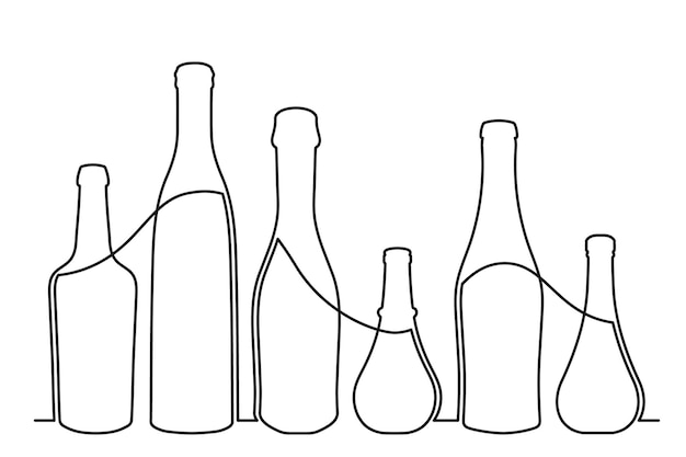 Dibujo de boceto de una botella de diferentes formas en el estilo de una línea continua sólida