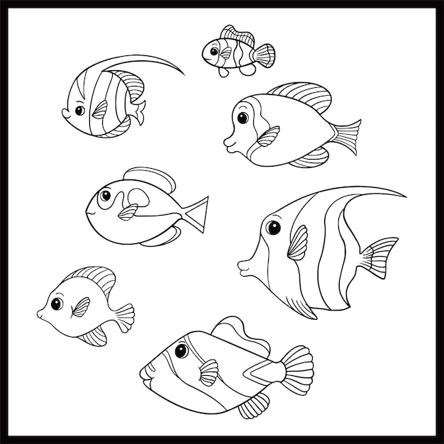 Dibujo de boceto de forma de pez icono vectorial conjunto de dibujos gráficos dibujos en negro hábitats oceánicos