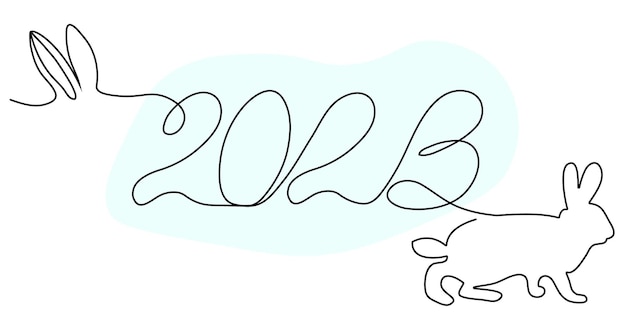 Dibujo de boceto de la inscripción 2023 y la silueta de contorno de una liebre, conejo, orejas, huellas en una línea continua sólida. Estilo de fecha lineal.