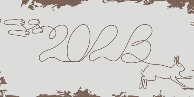 Dibujo de boceto de la inscripción 2023 y la silueta de contorno de una liebre, conejo, orejas, huellas en una línea continua sólida. Estilo de fecha lineal.