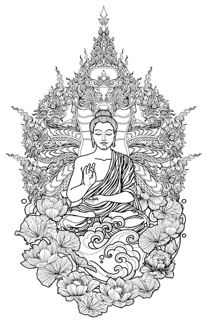 Dibujo y boceto a mano de diseño tailandés de buda del arte del tatuaje