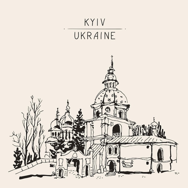 Dibujo de boceto del monasterio de Vydubychi en Kiev, Ucrania boceto de postal