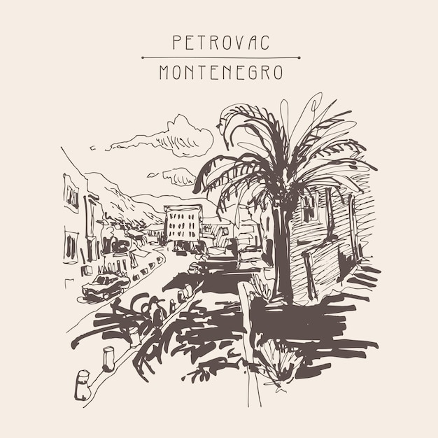 Dibujo de boceto sepia de la calle Petrovac Montenegro con postal turística vintage de palma
