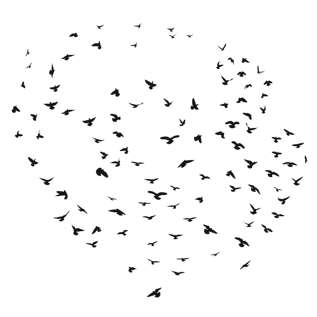 Dibujo de boceto de una silueta de una bandada de pájaros que vuelan hacia adelante se aferran juntos Despegue volando
