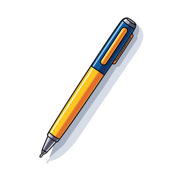 Un dibujo de un bolígrafo azul con escritura naranja.