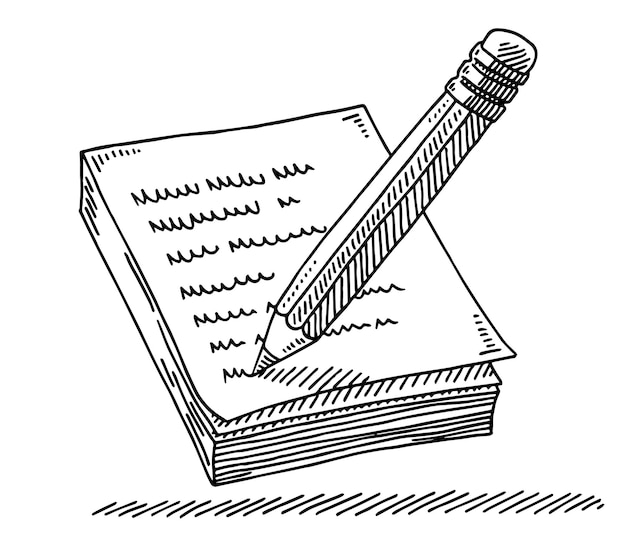 Vector un dibujo de un bolígrafo y un bloc de notas con la palabra la palabra en él