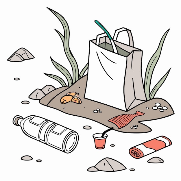 un dibujo de una bolsa con una bolsa de plástico y una botella de plástico