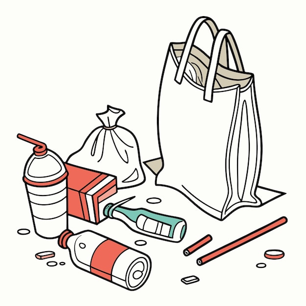 un dibujo de una bolsa de compras y una bolsa con un paquete de artículos de higiene