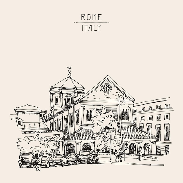 Dibujo de bosquejo del paisaje urbano de Roma, antiguo edificio histórico de Italia, ilustración vectorial