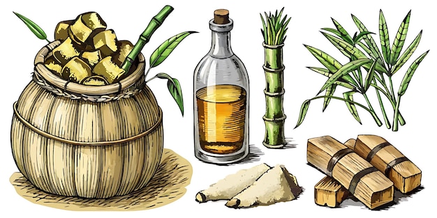 un dibujo de una botella de aceite y bambú