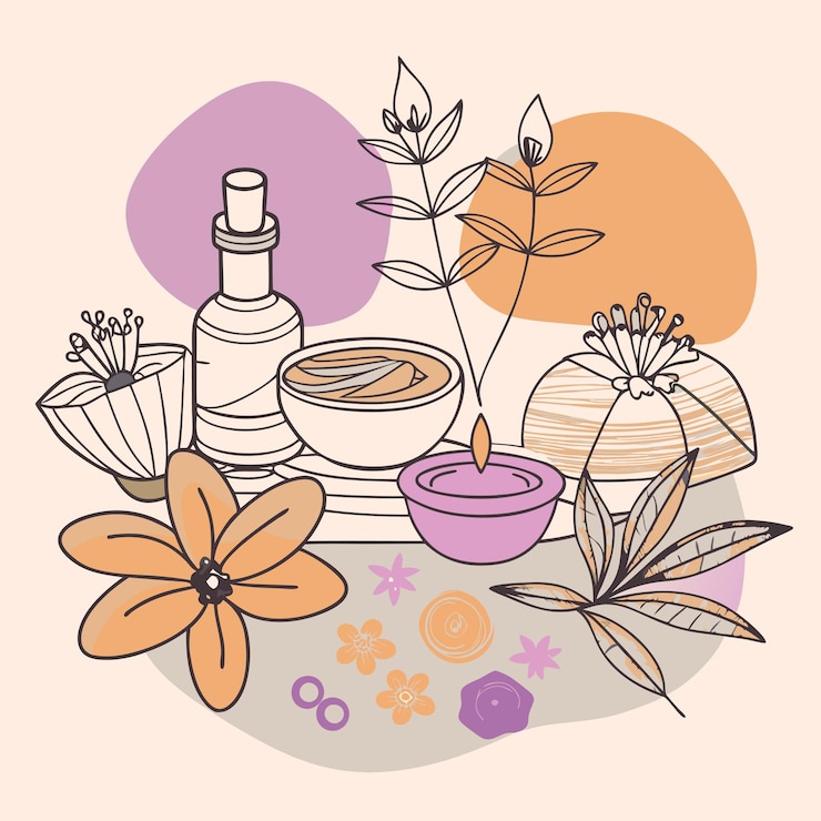 Vector un dibujo de una botella de perfume y flores